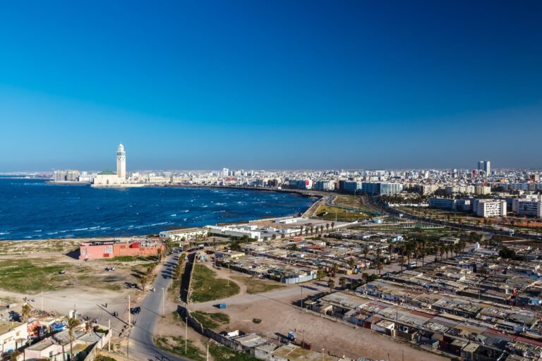 Casablanca's Atlantic coastline with the Hassan II Mosque in the distance