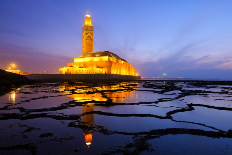 Hassan II Mosque illuminated at dusk, Casablanca