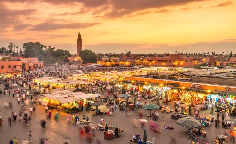 Food stalls on Jemaa el-Fna square at sunset, Marrakech