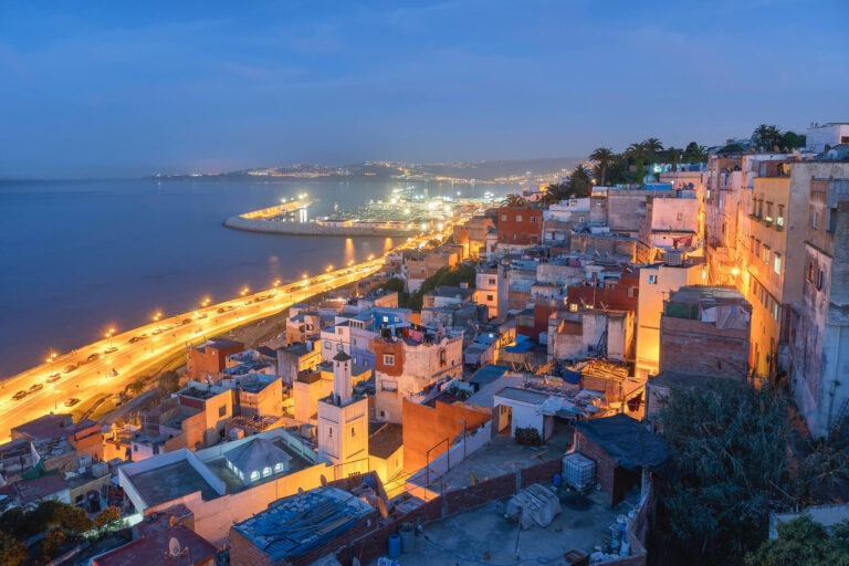 The bay and city lights of Tangier at dusk, northern Morocco