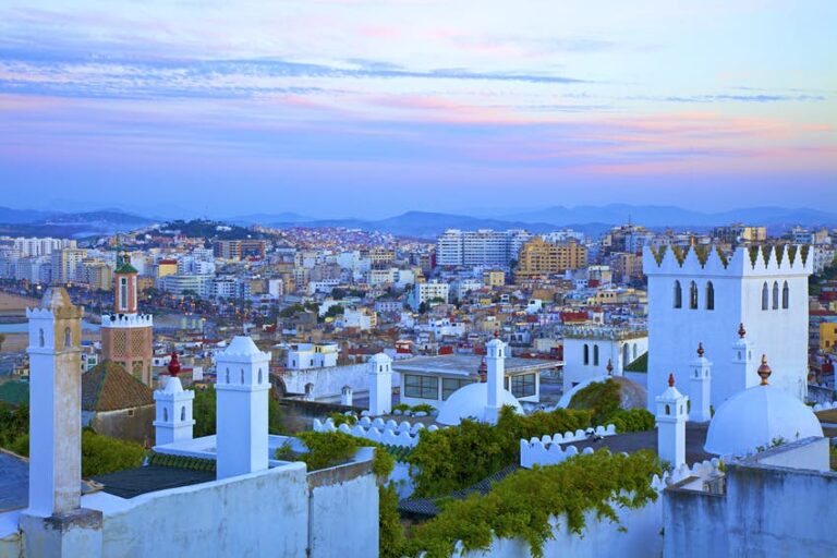 White houses of the Tangier medina overlooking the sea